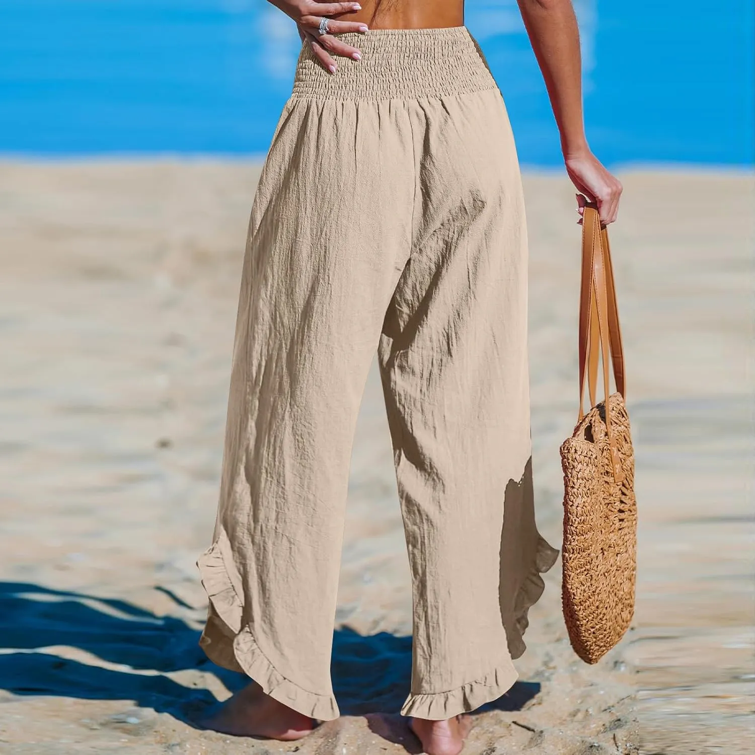 Women Ruffle Cuffs Straight Leg Pants Solid Smocked High Waist Lounge Pant Casual Loose Fit Beach Trousers