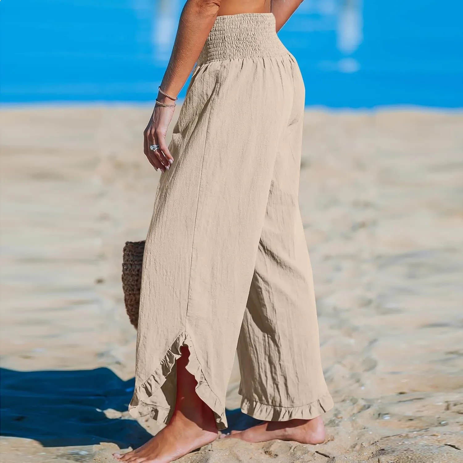 Women Ruffle Cuffs Straight Leg Pants Solid Smocked High Waist Lounge Pant Casual Loose Fit Beach Trousers