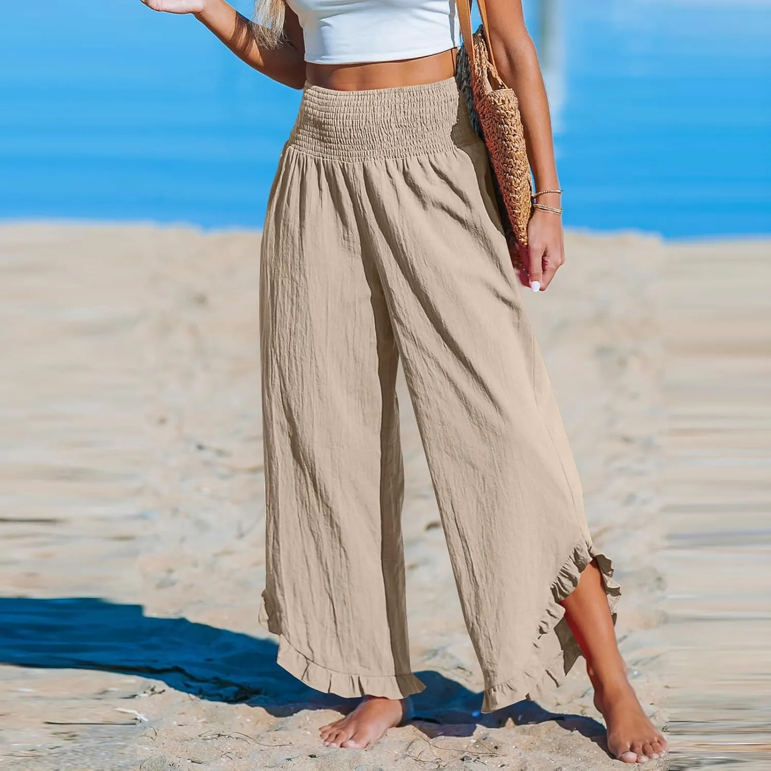 Women Ruffle Cuffs Straight Leg Pants Solid Smocked High Waist Lounge Pant Casual Loose Fit Beach Trousers
