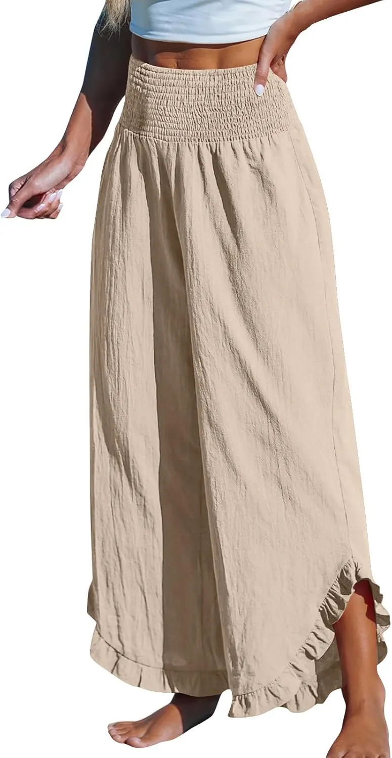 Women Ruffle Cuffs Straight Leg Pants Solid Smocked High Waist Lounge Pant Casual Loose Fit Beach Trousers