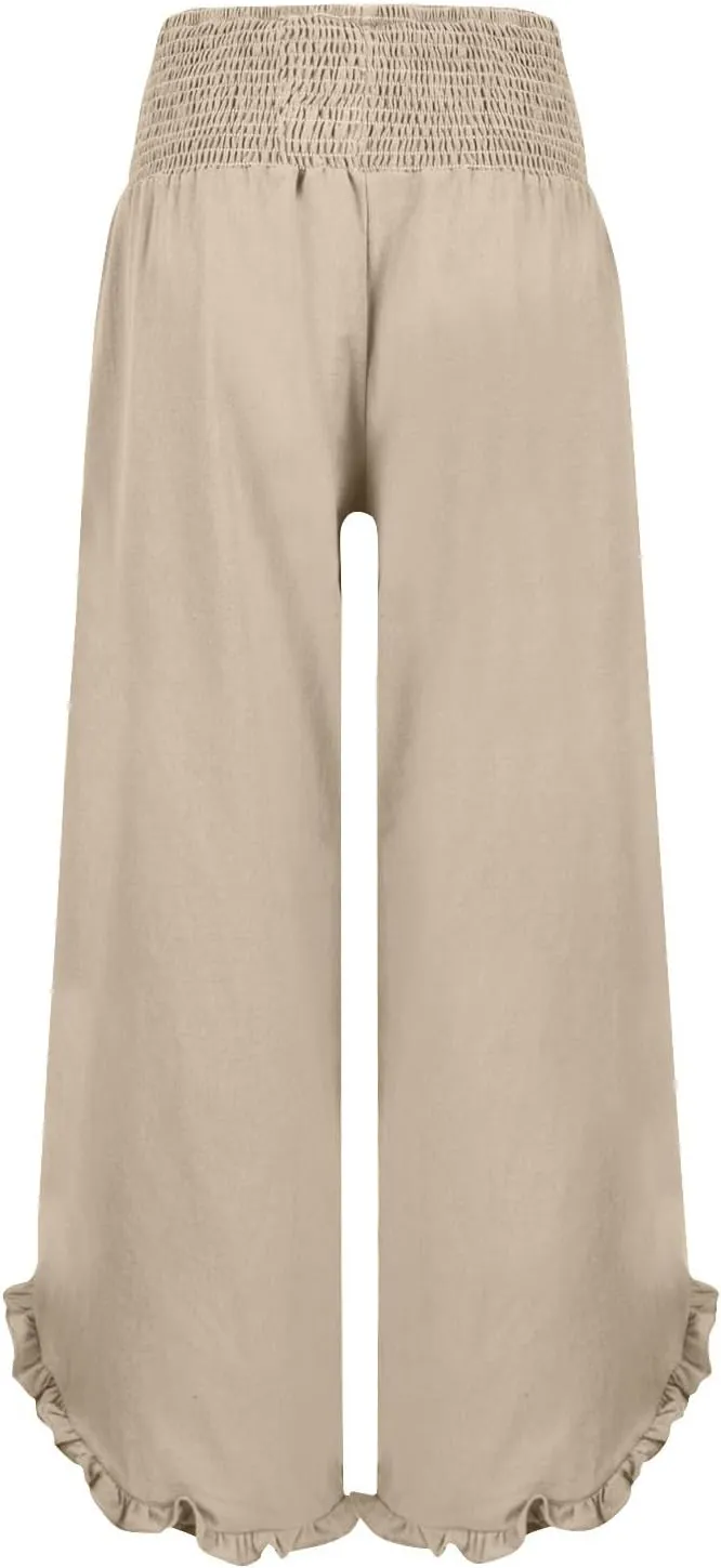 Women Ruffle Cuffs Straight Leg Pants Solid Smocked High Waist Lounge Pant Casual Loose Fit Beach Trousers