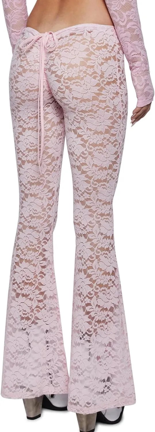 Women Sexy Lace Floral See Through Pants Sheer Mesh High Waist Stretchy Slim Trouser Hollow Out Skinny Leggings
