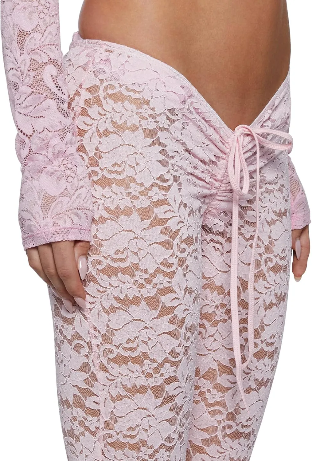 Women Sexy Lace Floral See Through Pants Sheer Mesh High Waist Stretchy Slim Trouser Hollow Out Skinny Leggings