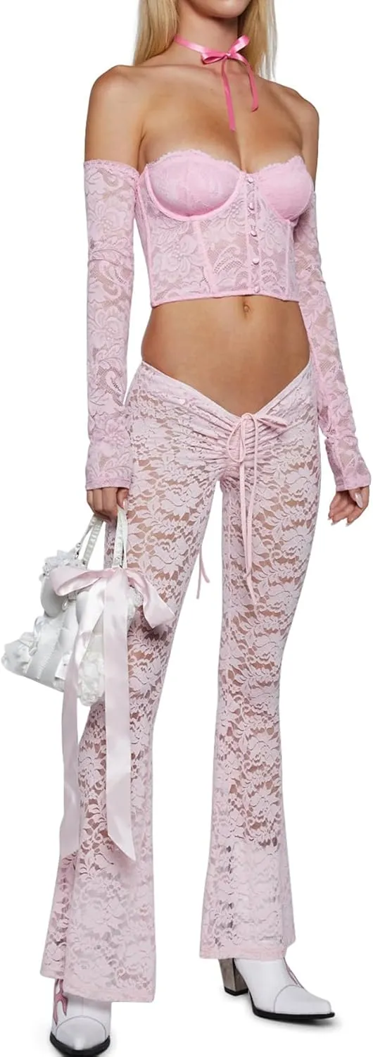 Women Sexy Lace Floral See Through Pants Sheer Mesh High Waist Stretchy Slim Trouser Hollow Out Skinny Leggings
