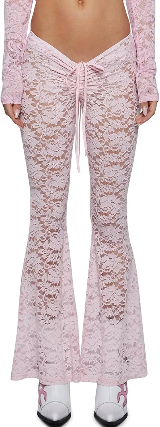 Women Sexy Lace Floral See Through Pants Sheer Mesh High Waist Stretchy Slim Trouser Hollow Out Skinny Leggings