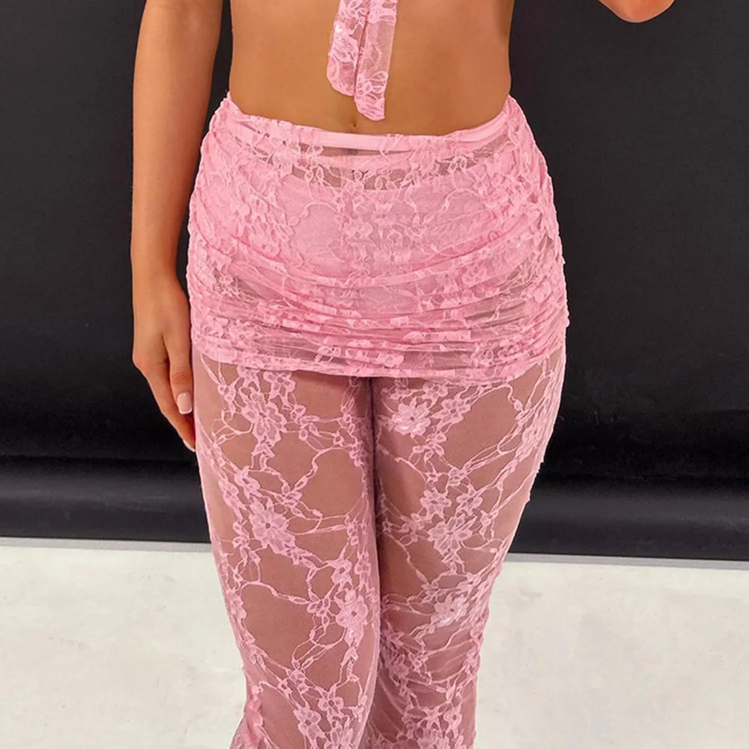 Women Sexy Lace Floral See Through Pants Sheer Mesh High Waist Stretchy Slim Trouser Hollow Out Skinny Leggings