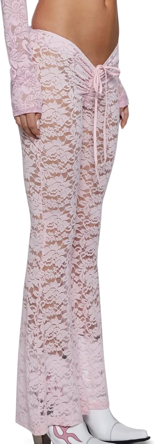 Women Sexy Lace Floral See Through Pants Sheer Mesh High Waist Stretchy Slim Trouser Hollow Out Skinny Leggings