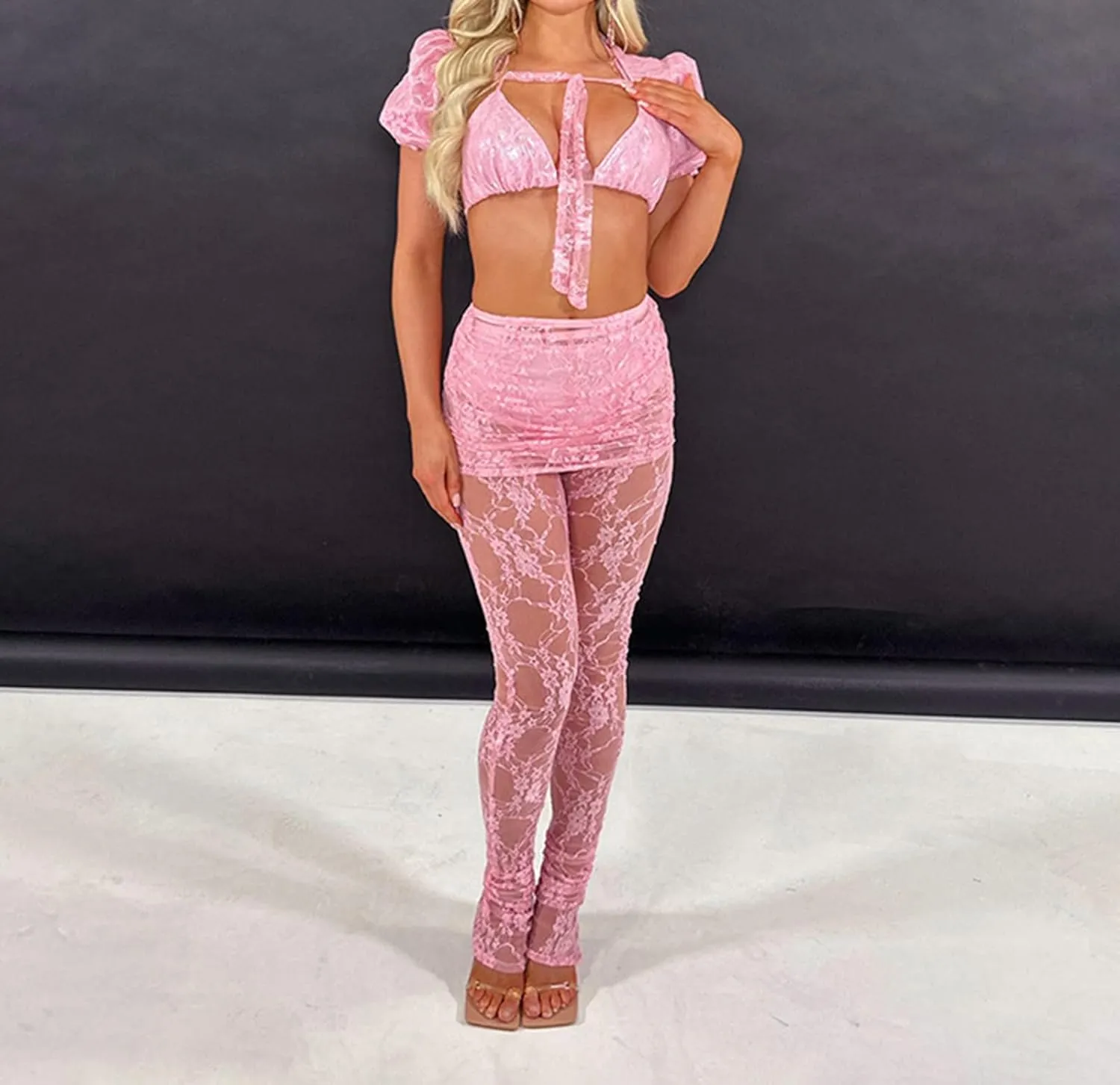 Women Sexy Lace Floral See Through Pants Sheer Mesh High Waist Stretchy Slim Trouser Hollow Out Skinny Leggings