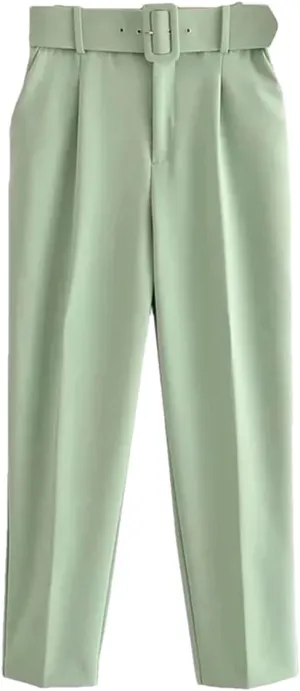 Women Vintage High Waist Pants Solid Zipper Pockets Office Lady Ankle Trousers with Belt