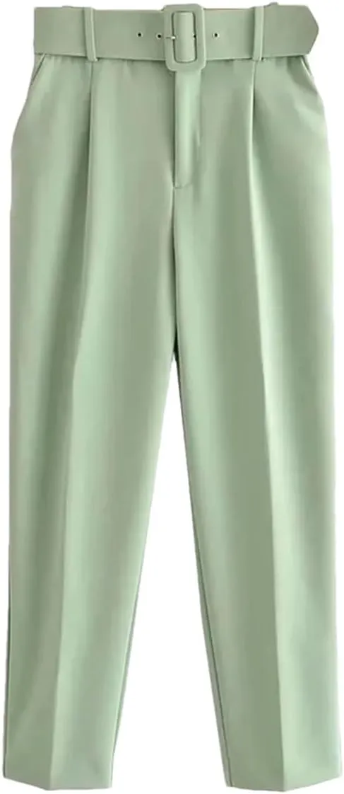 Women Vintage High Waist Pants Solid Zipper Pockets Office Lady Ankle Trousers with Belt