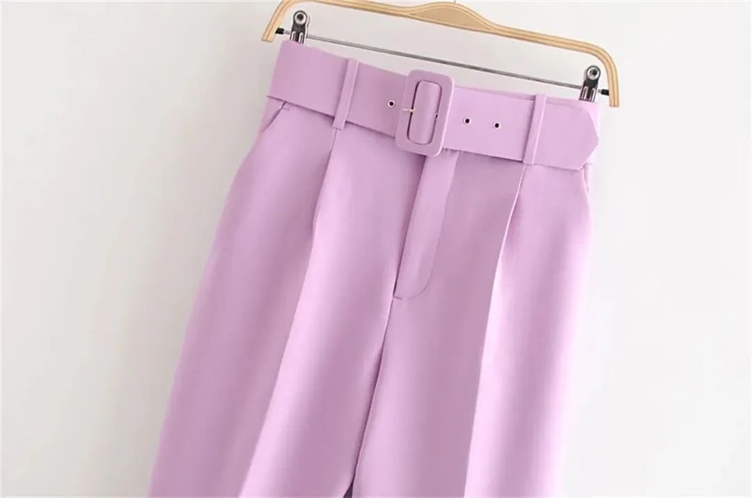 Women Vintage High Waist Pants Solid Zipper Pockets Office Lady Ankle Trousers with Belt
