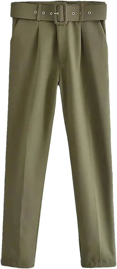 Women Vintage High Waist Pants Solid Zipper Pockets Office Lady Ankle Trousers with Belt