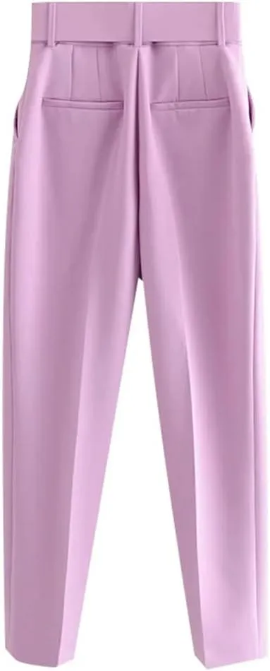 Women Vintage High Waist Pants Solid Zipper Pockets Office Lady Ankle Trousers with Belt
