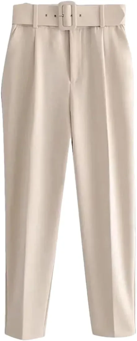 Women Vintage High Waist Pants Solid Zipper Pockets Office Lady Ankle Trousers with Belt