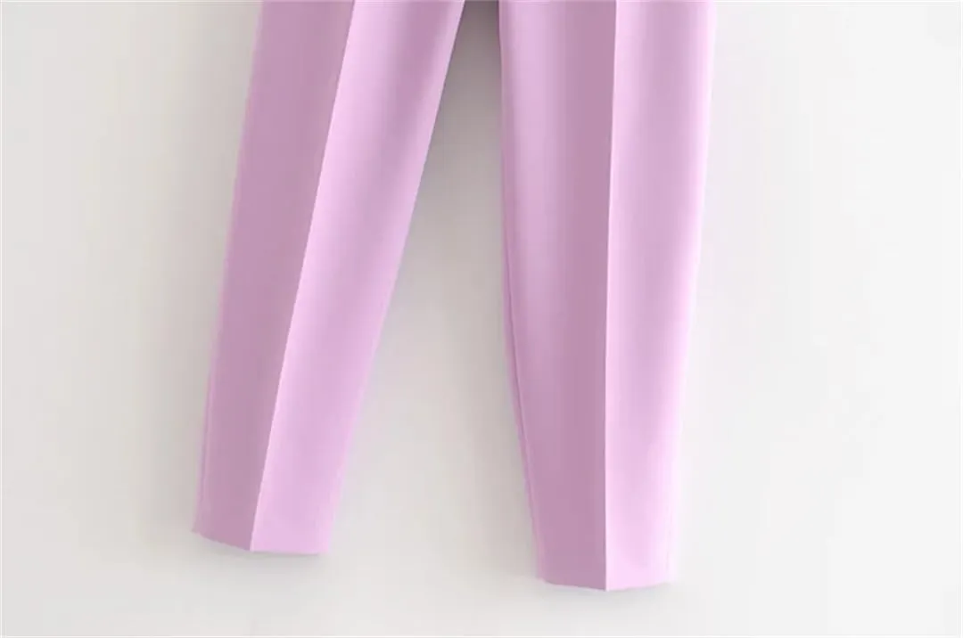 Women Vintage High Waist Pants Solid Zipper Pockets Office Lady Ankle Trousers with Belt