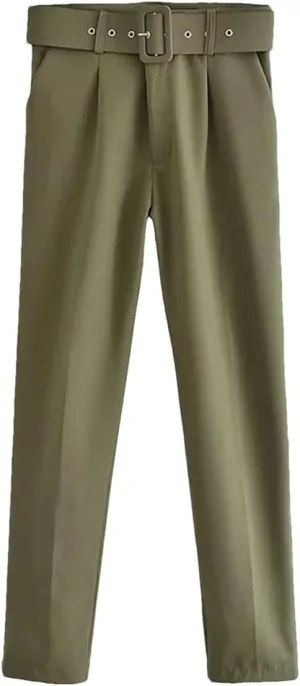Women Vintage High Waist Pants Solid Zipper Pockets Office Lady Ankle Trousers with Belt
