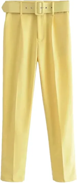 Women Vintage High Waist Pants Solid Zipper Pockets Office Lady Ankle Trousers with Belt