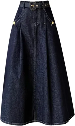 Women Vintage Pleated Denim Skirt Solid High Waist A-Line Party Long Jean Skirts Vacation