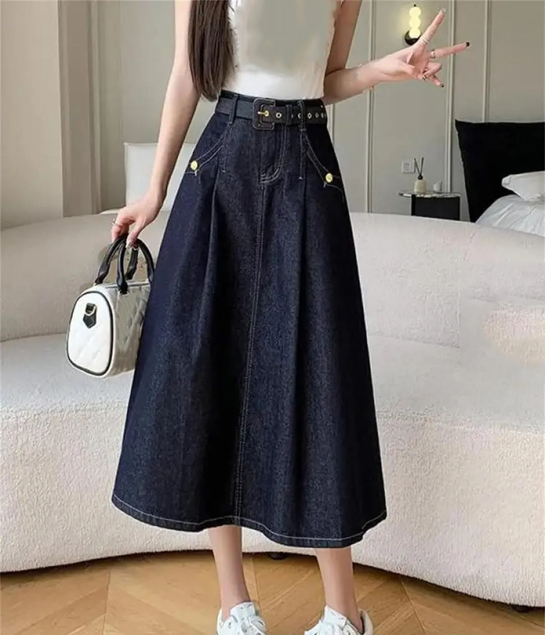 Women Vintage Pleated Denim Skirt Solid High Waist A-Line Party Long Jean Skirts Vacation