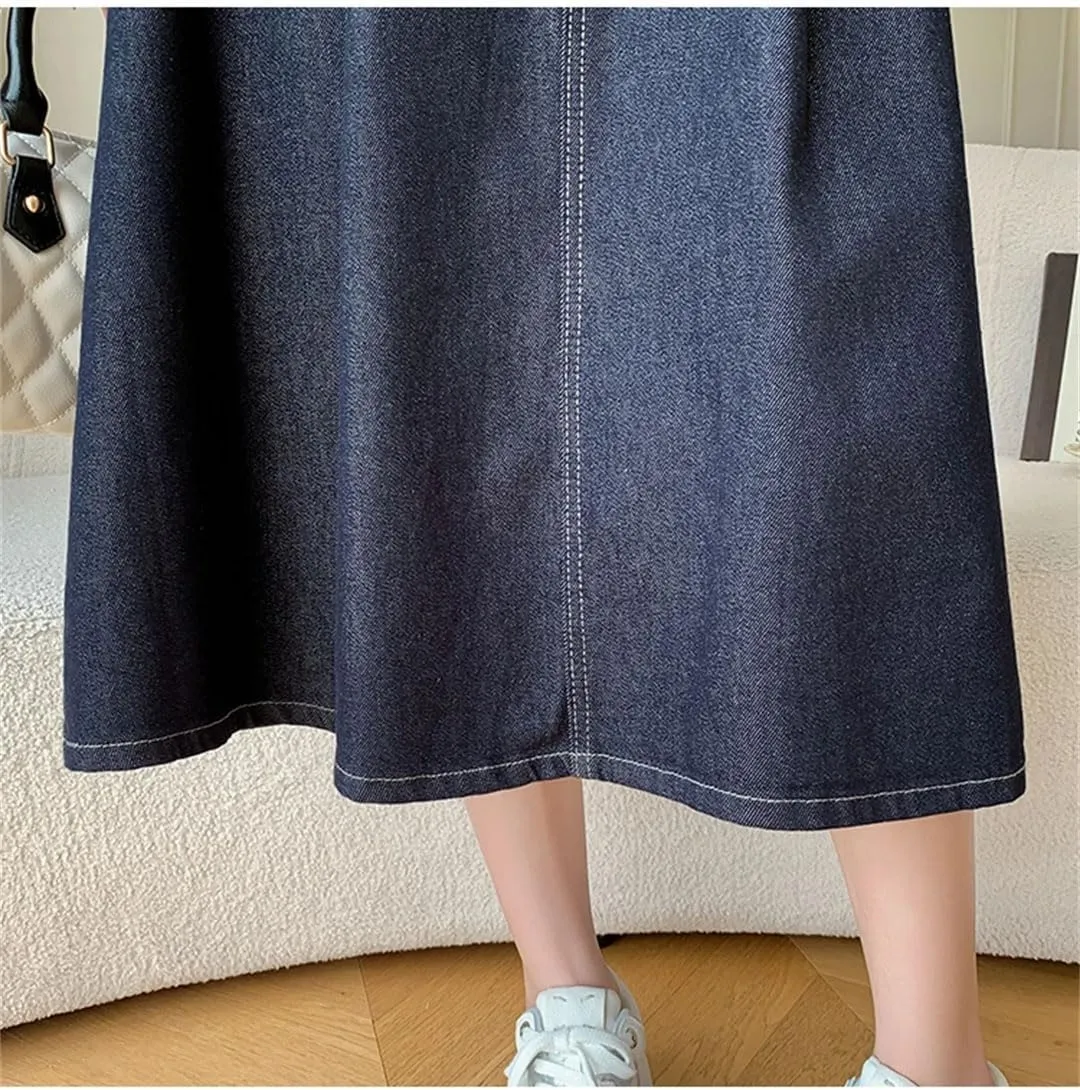 Women Vintage Pleated Denim Skirt Solid High Waist A-Line Party Long Jean Skirts Vacation