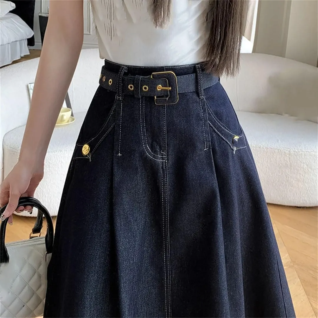 Women Vintage Pleated Denim Skirt Solid High Waist A-Line Party Long Jean Skirts Vacation
