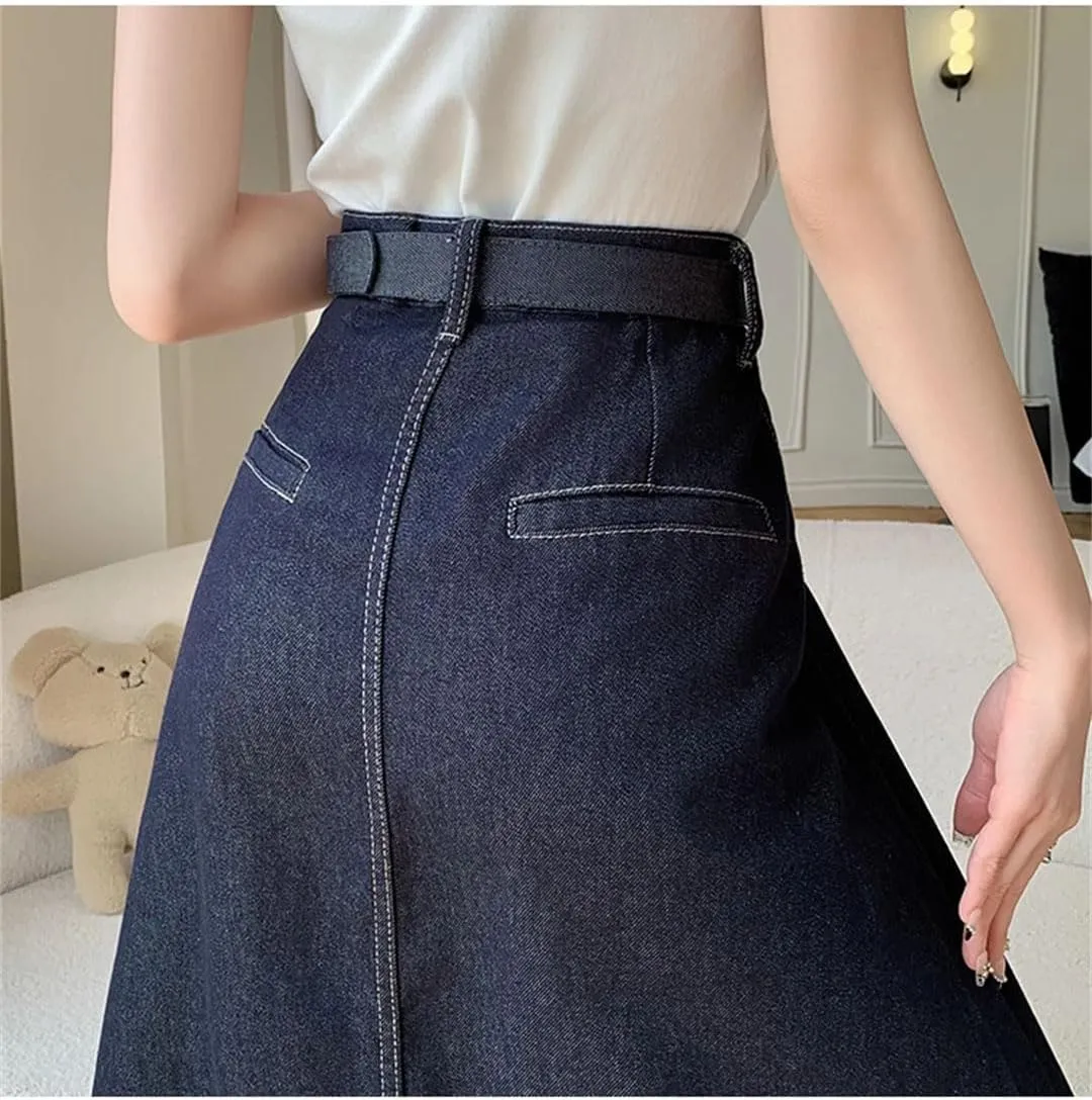 Women Vintage Pleated Denim Skirt Solid High Waist A-Line Party Long Jean Skirts Vacation