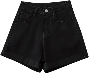Women's A Line Wide-Leg Jean Shorts High Waisted Baggy Folded Hem Denim Shorts Comfy Loose Summer Beach Casual Short