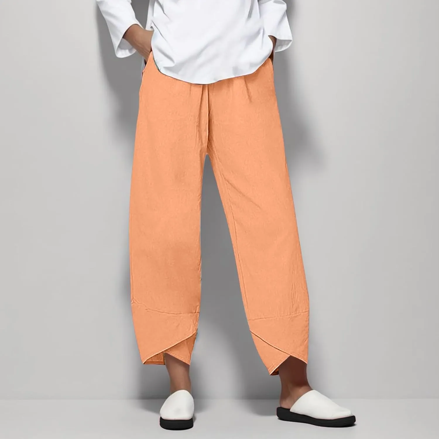 Womens Casual Cotton Linen Pants Lightweight Comfy Drawstring Loose Beach Palazzo Harem Capri Pants Trousers with Pockets