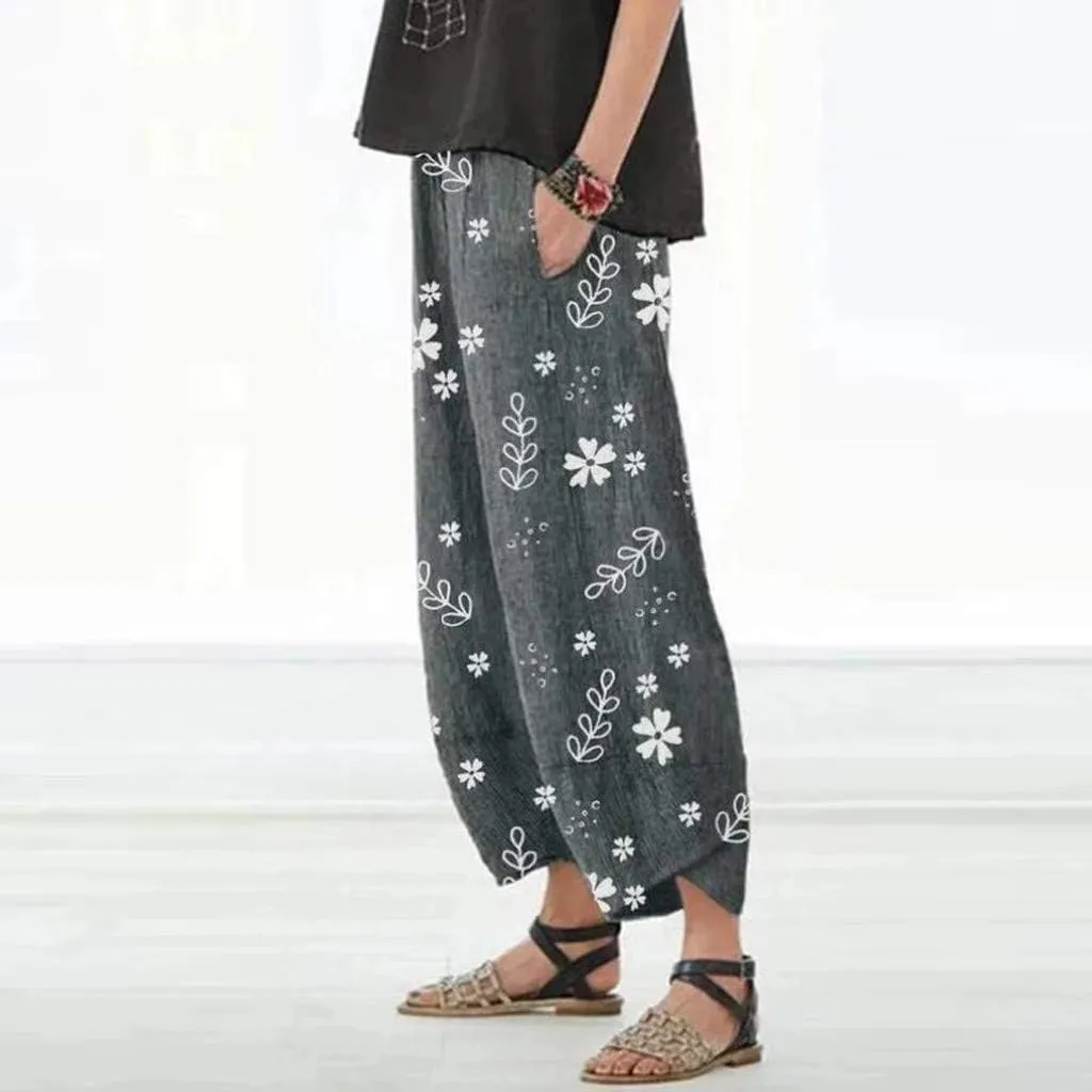 Womens Casual Linen Pants Loose Fit Summer Cotton Pocket Cropped Pants High Waisted Smocked Lounge Trousers Palazzo