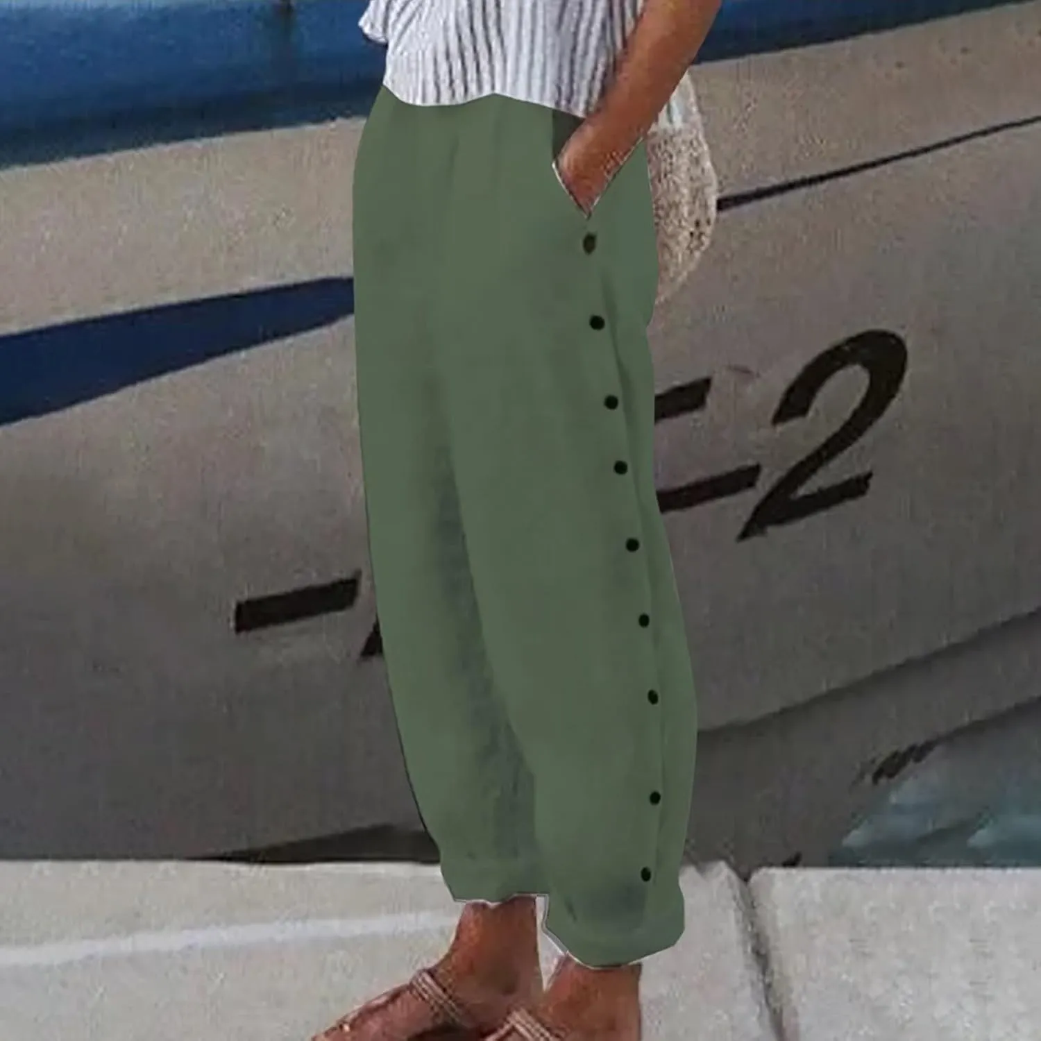 Women's Casual Pants Side Button Lightweight Straight Leg Drawstring Elastic Waist Pants Baggy Trousers with Pockets