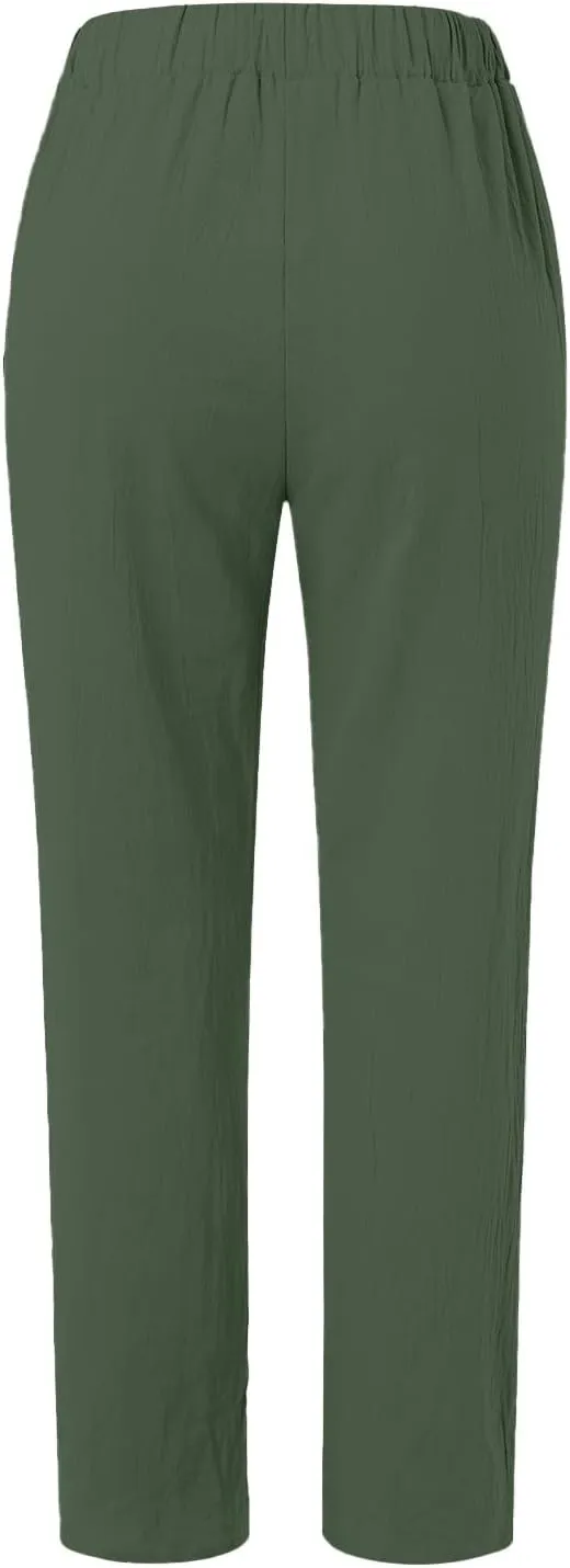 Women's Casual Pants Side Button Lightweight Straight Leg Drawstring Elastic Waist Pants Baggy Trousers with Pockets