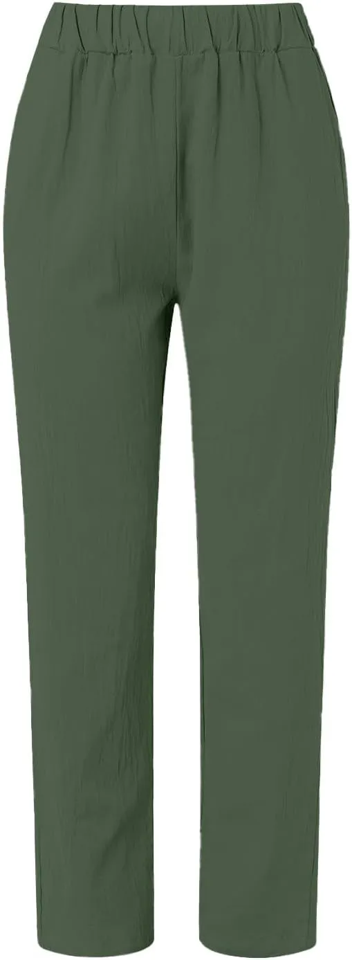 Women's Casual Pants Side Button Lightweight Straight Leg Drawstring Elastic Waist Pants Baggy Trousers with Pockets
