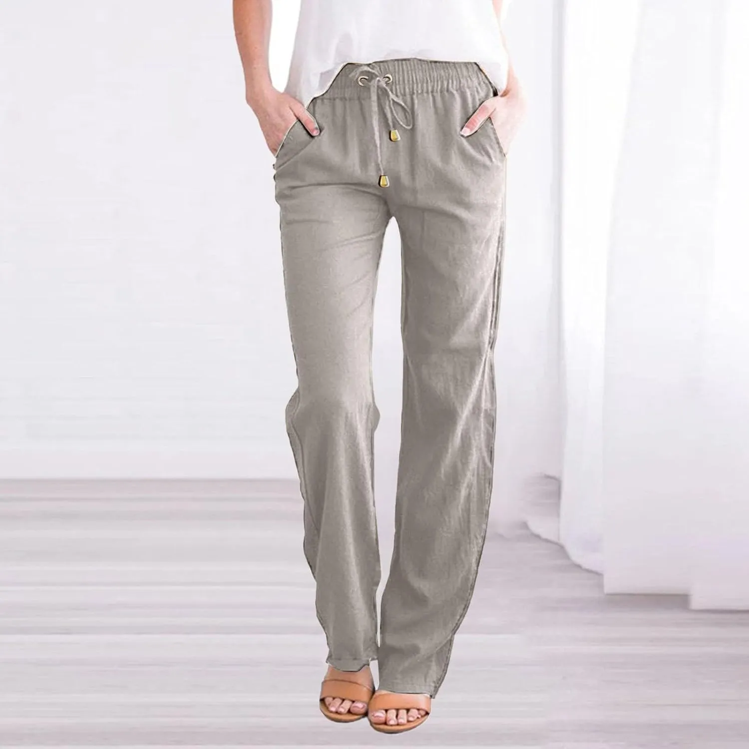 Women's Cotton Linen Pants Casual Loose High Waist Casual Wide Capri Pants Elastic Summer Beach Trousers with Pockets
