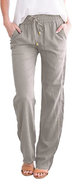 Women's Cotton Linen Pants Casual Loose High Waist Casual Wide Capri Pants Elastic Summer Beach Trousers with Pockets