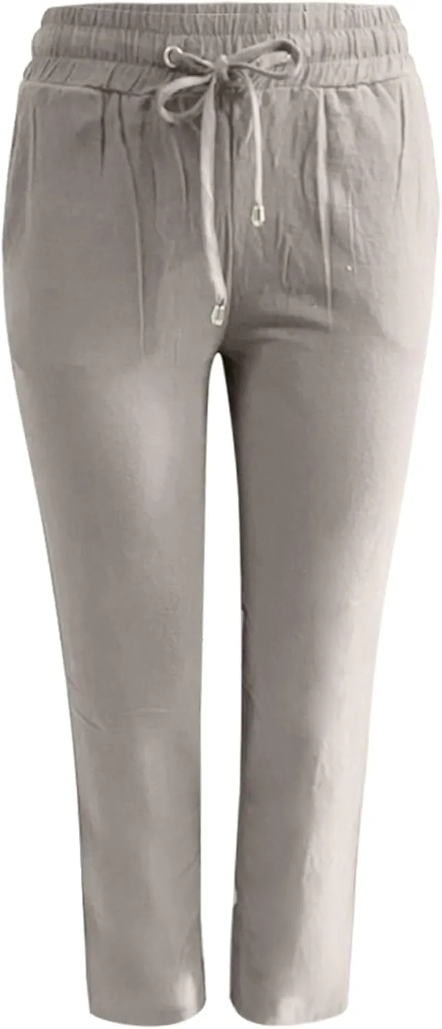 Women's Cotton Linen Pants Casual Loose High Waist Casual Wide Capri Pants Elastic Summer Beach Trousers with Pockets