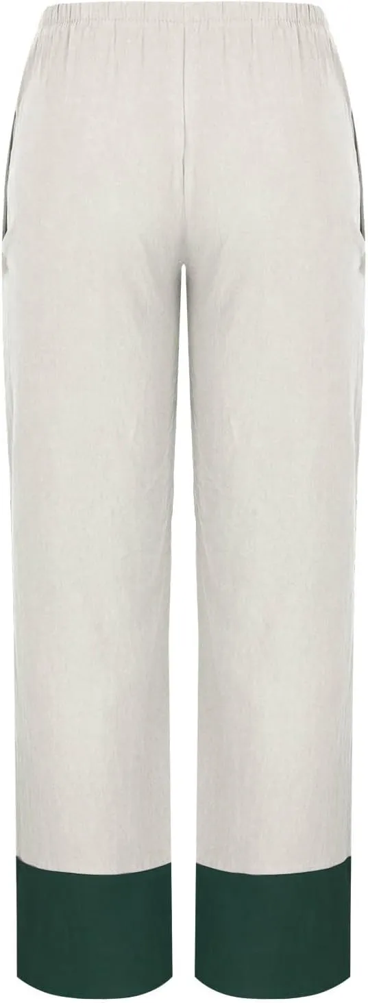Women's Cotton Linen Straight Leg Pants Elastic Color Block Casual Trousers Summer Beach Lounge Pants with Pockets