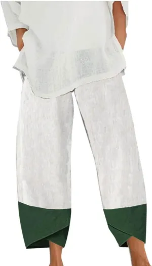 Women's Cotton Linen Straight Leg Pants Elastic Color Block Casual Trousers Summer Beach Lounge Pants with Pockets