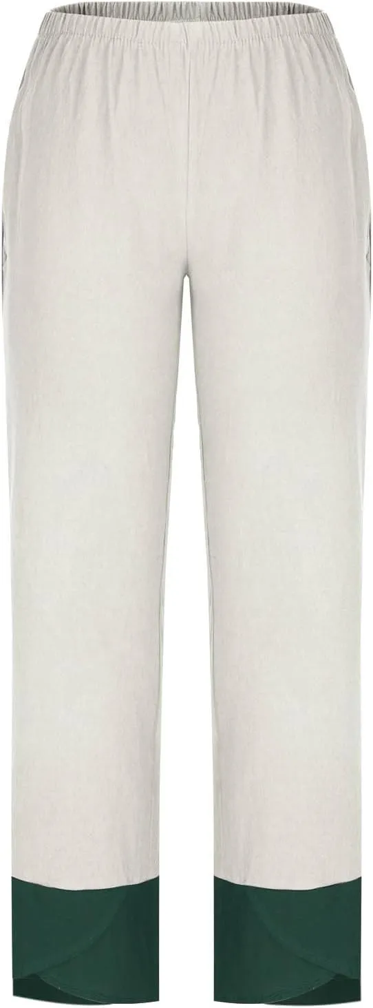 Women's Cotton Linen Straight Leg Pants Elastic Color Block Casual Trousers Summer Beach Lounge Pants with Pockets