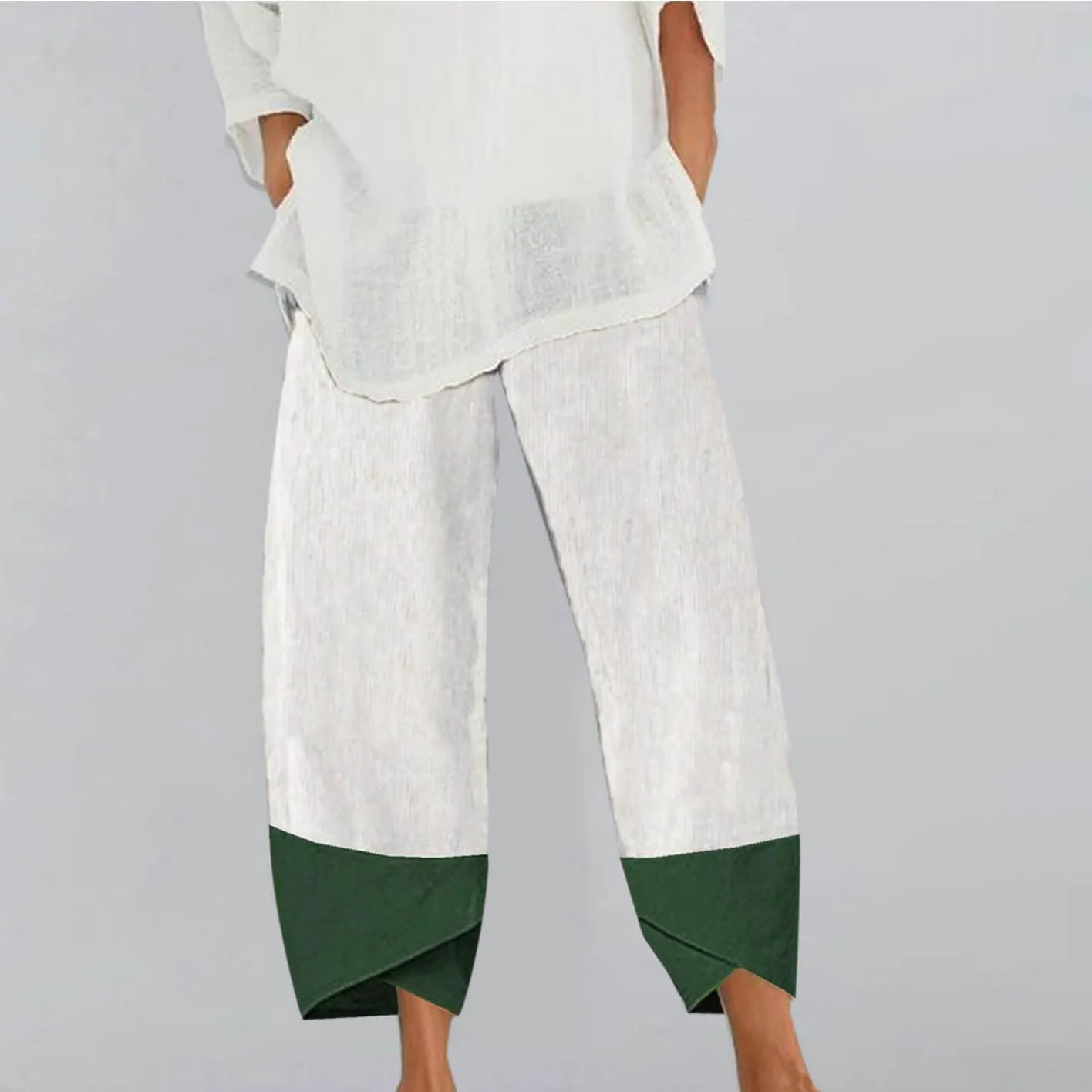 Women's Cotton Linen Straight Leg Pants Elastic Color Block Casual Trousers Summer Beach Lounge Pants with Pockets