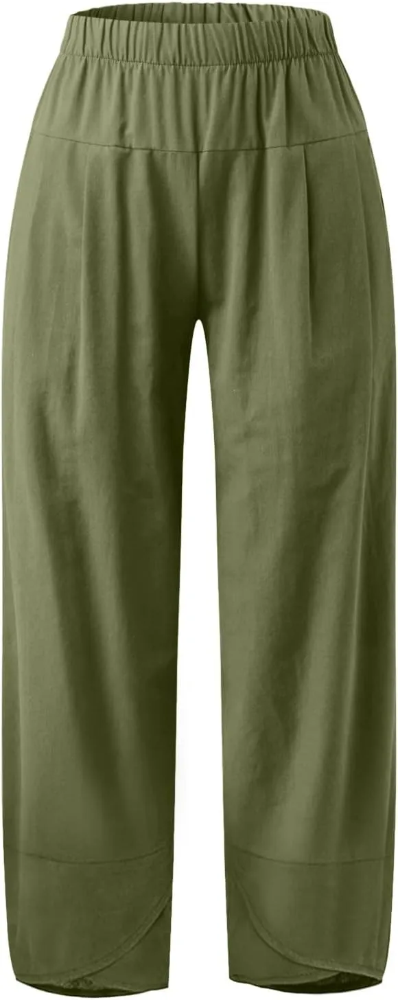 Womens Cotton Linen Summer Baggy Palazzo Pants Elastic Waist Ankle Length Slim-Fit Trousers Beach