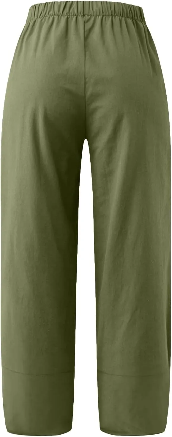 Womens Cotton Linen Summer Baggy Palazzo Pants Elastic Waist Ankle Length Slim-Fit Trousers Beach