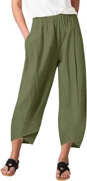 Womens Cotton Linen Summer Baggy Palazzo Pants Elastic Waist Ankle Length Slim-Fit Trousers Beach