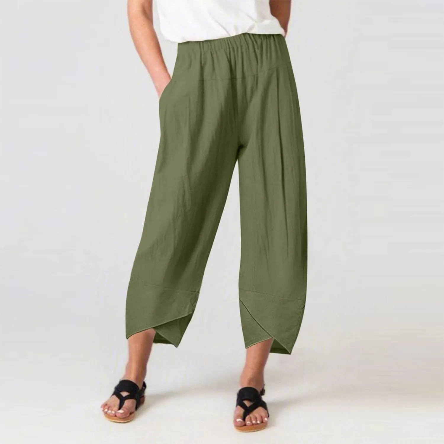 Womens Cotton Linen Summer Baggy Palazzo Pants Elastic Waist Ankle Length Slim-Fit Trousers Beach