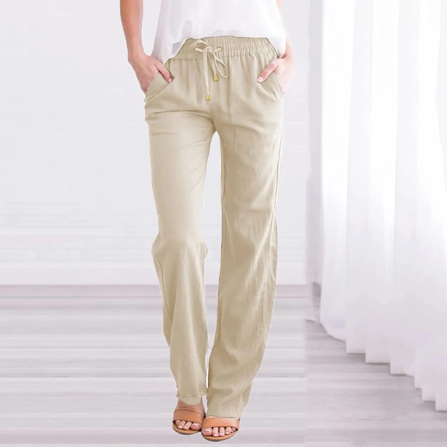 Women's Cotton Linen Summer Fashion Pant Trousers Low Waist Baggy Stretchy Loose Fit Pant Trousers Business Work