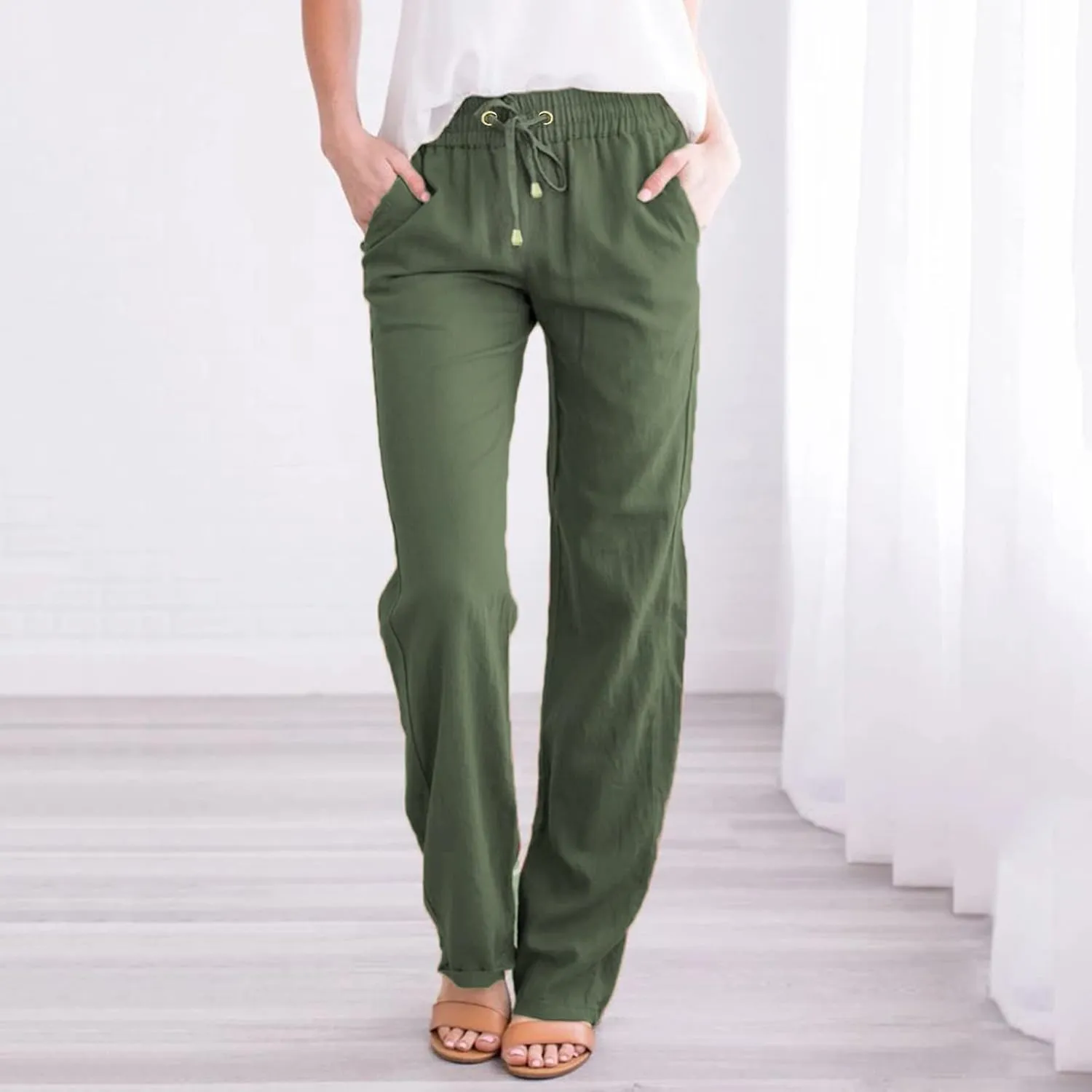 Women's Cotton Linen Summer Fashion Pant Trousers Low Waist Baggy Stretchy Loose Fit Pant Trousers Business Work