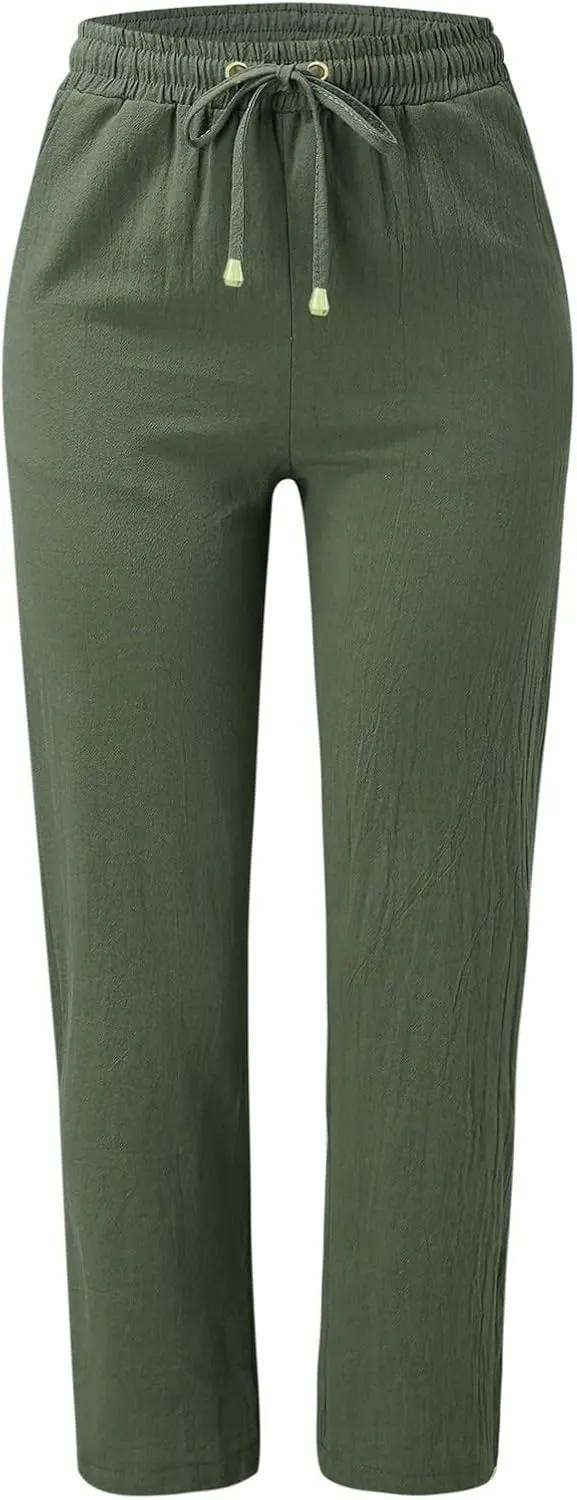 Women's Cotton Linen Summer Fashion Pant Trousers Low Waist Baggy Stretchy Loose Fit Pant Trousers Business Work