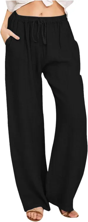 Women's Cotton Linen Summer Split Flowy Palazzo Pants Elastic Waisted Stretchy Straight Slim-Fit Palazzo Lounge