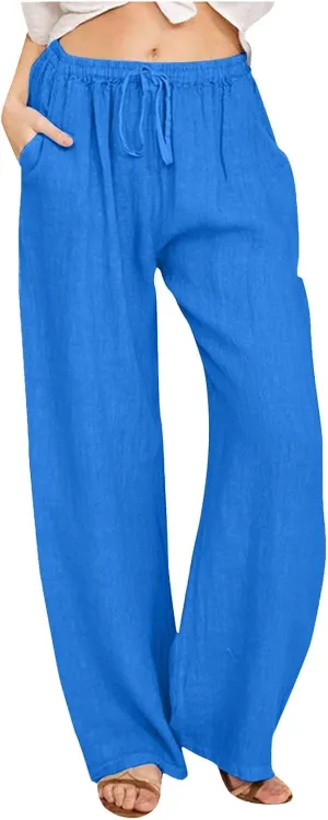Women's Cotton Linen Summer Split Flowy Palazzo Pants Elastic Waisted Stretchy Straight Slim-Fit Palazzo Lounge