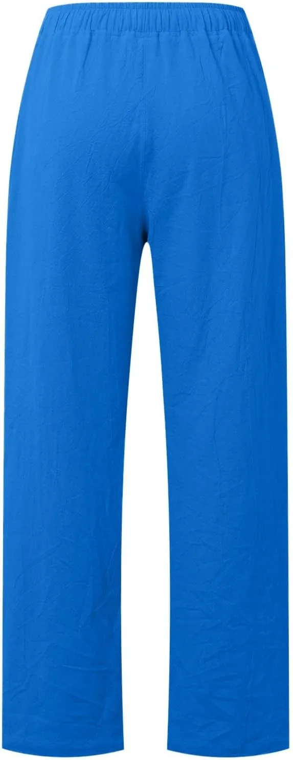 Women's Cotton Linen Summer Split Flowy Palazzo Pants Elastic Waisted Stretchy Straight Slim-Fit Palazzo Lounge