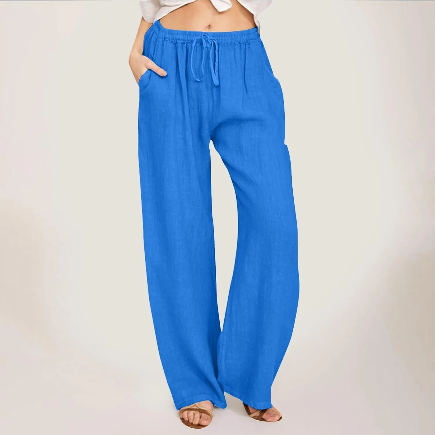 Women's Cotton Linen Summer Split Flowy Palazzo Pants Elastic Waisted Stretchy Straight Slim-Fit Palazzo Lounge